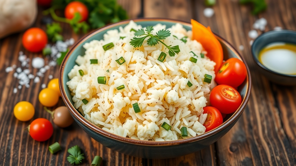 Flavorful Cauliflower Rice Recipe A bowl of cauliflower rice garnished with herbs, surrounded by fresh vegetables on a wooden table.